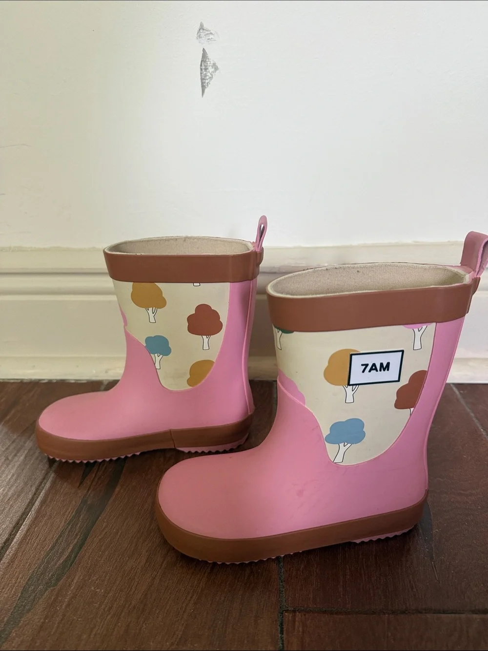 Kids' Pink Tree-Print Waterproof Rain Boots with Easy Pull Tabs